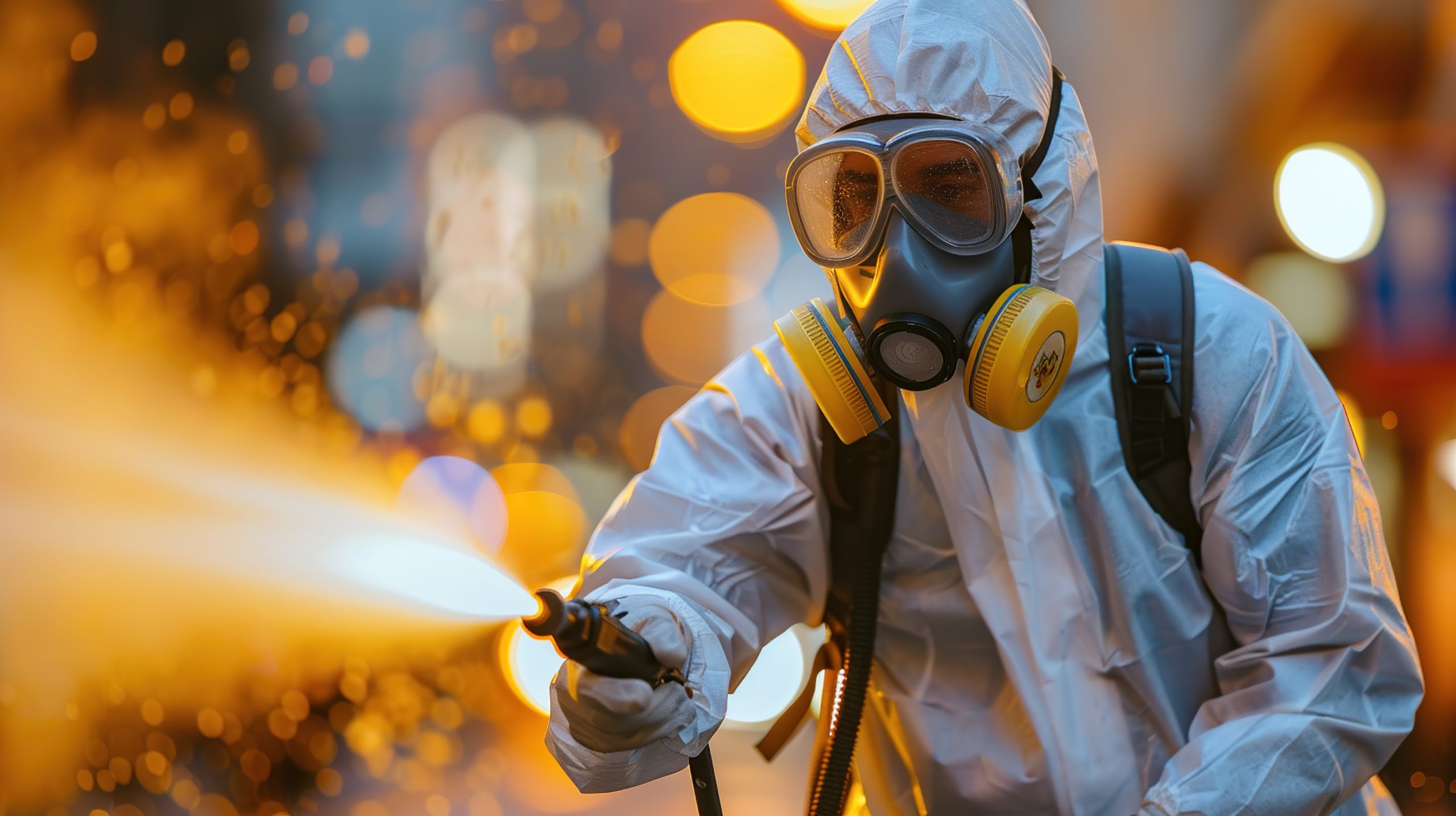 A Guy From The Pest Control Service In A Mask And A White Protective Suit With Poison Spray Bottle. Pest Control, Insect, Chemical Poison Equipment. Generative Ai Image